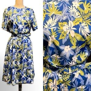 VINTAGE tropical summer floral midi dress palm‎ tree leaves belted elastic waist